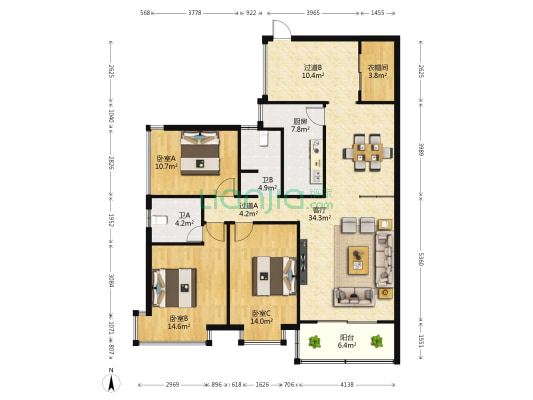 龙泉湾 3室1厅2卫 134平方