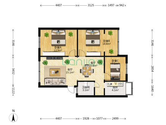 西坝新村5号院 3室2厅1卫 100平方