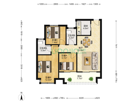 卓越熙华珑园 3室1厅2卫 89平方