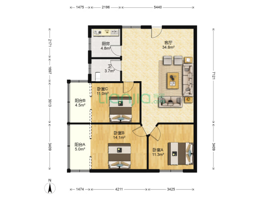 双北街社区 3室1厅1卫 110平方