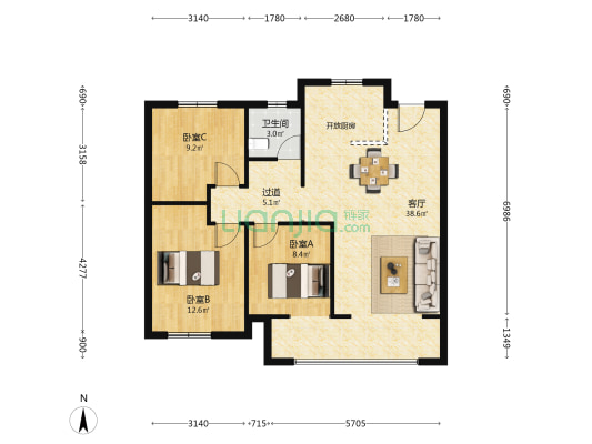 湖岸兰庭 3室1厅1卫 97平方