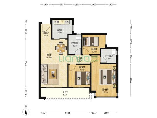 恒大健康城二期B区 3室1厅2卫 94平方