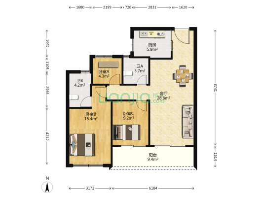 湖悦江南院 3室1厅2卫 106平方