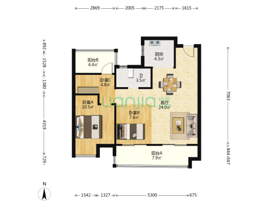 旭辉滨湖江来二期 3室1厅1卫 92平方