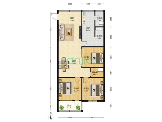 上游大厦 3室2厅2卫 101平方