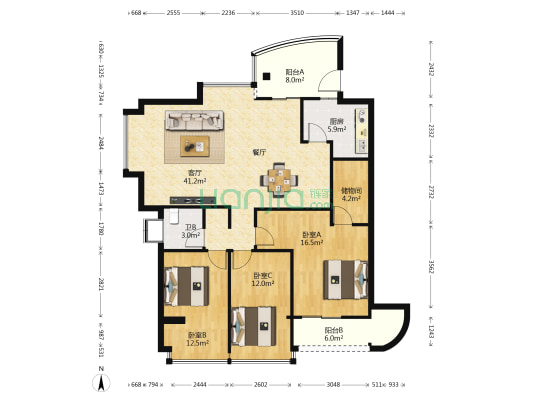 同城四季北座 3室1厅1卫 131平方