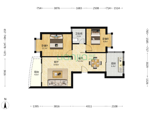 汇景华庭 2室2厅1卫 84平方