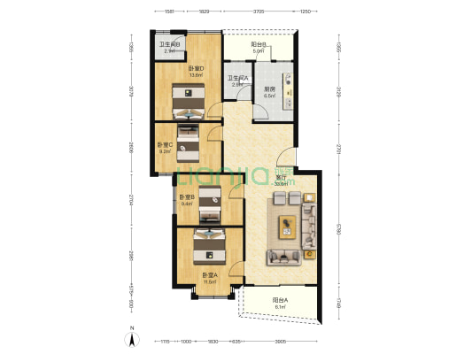 建设路南18号 4室1厅2卫 113平方