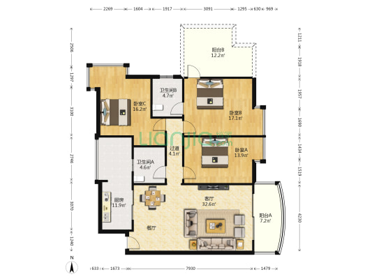 扬名海邑 3室1厅2卫 142平方