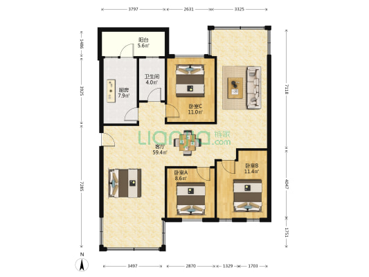 金叶花园 3室1厅1卫 119平方