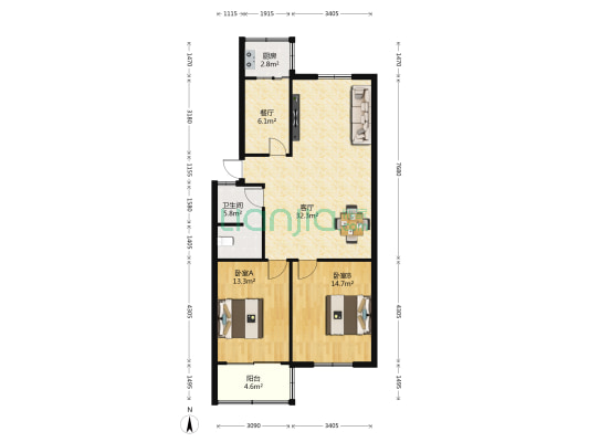 清棉小区 2室2厅1卫 96平方