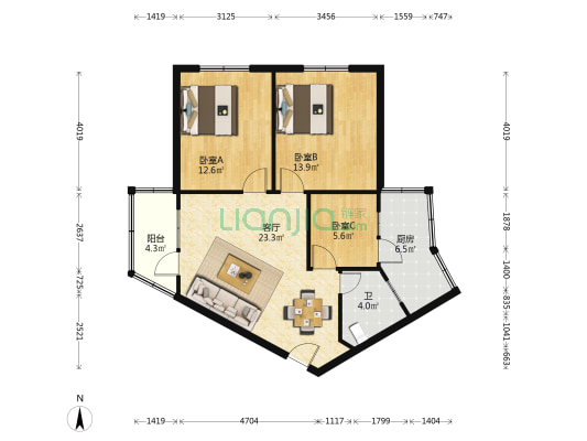 大可家苑 3室1厅1卫 77平方