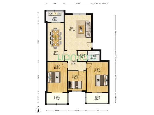 白龙花园 3室2厅1卫 123平方