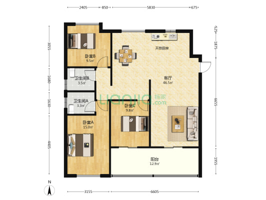 冠城大通华玺 3室1厅2卫 115平方