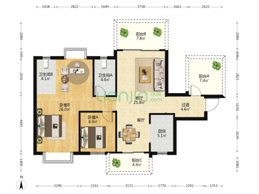 新城新希望锦樾府 2室1厅2卫 110平方