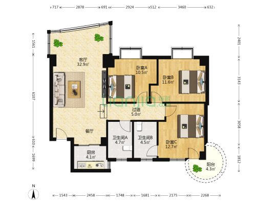 山木清华 3室1厅2卫 108平方