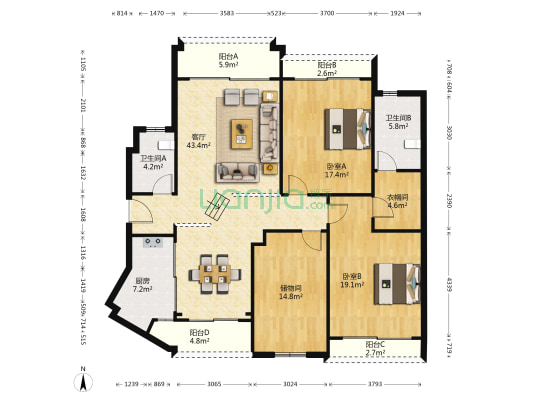广州星河湾悦心园 2室1厅2卫 155平方