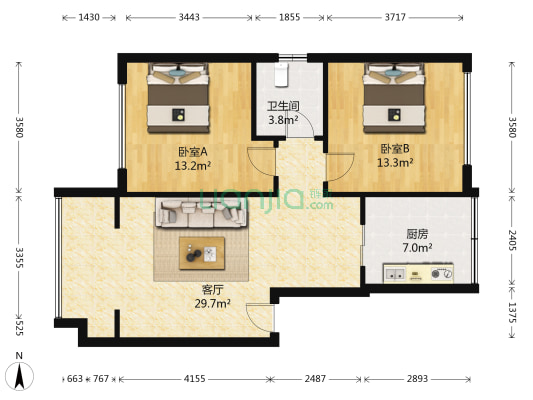 观凤新区东苑 2室1厅1卫 80平方
