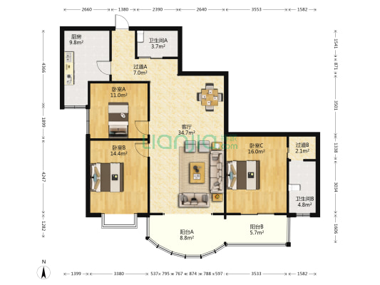 颐园 3室1厅2卫 155平方