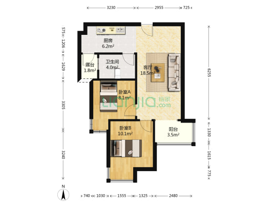 天伦湾朝阳两居 采光充足 毛坯随意装修-户型图