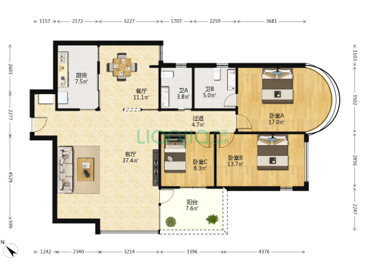 日华花园 3室2厅2卫 133平方