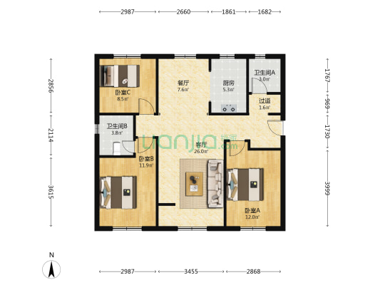 中海国际社区观园 3室2厅2卫 116平方