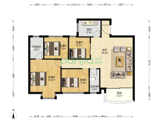叠翠花园 4室1厅2卫 117平方