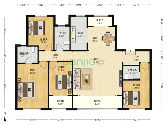 湖城印象熙岸 4室2厅3卫 168平方