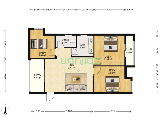 东西湖中心广场 3室1厅1卫 109平方