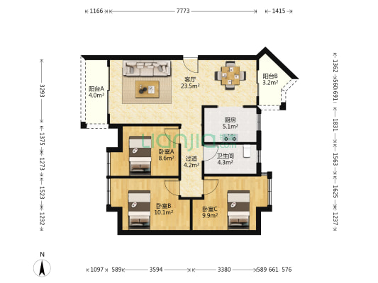 悦雅城 3室1厅1卫 95平方