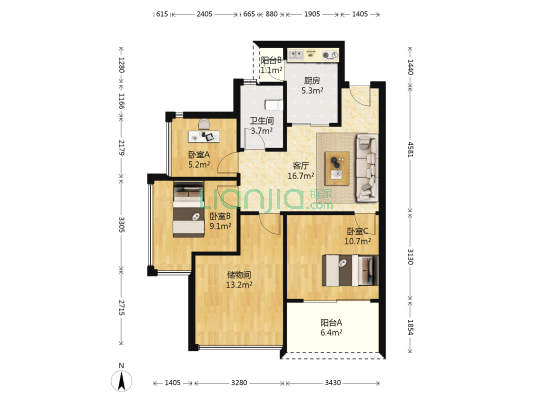 华策中心城 3室1厅1卫 84平方