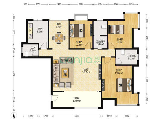上上国际 3室2厅3卫 142平方