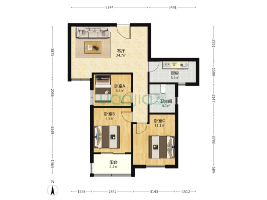 运河御苑 3室1厅1卫 94平方