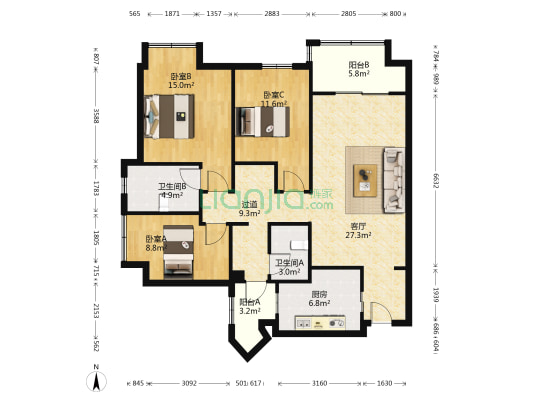 万科金色悦城二期 3室1厅2卫 117平方
