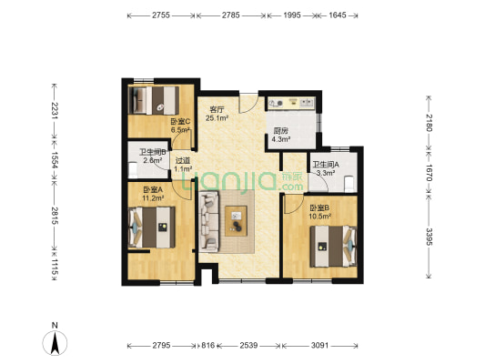公园美地 3室1厅2卫 97平方