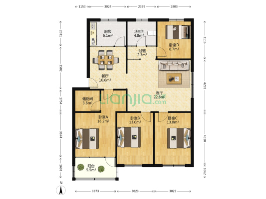 平安公寓 4室2厅1卫 134平方