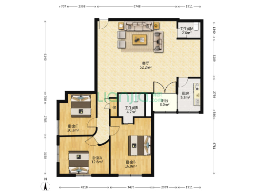 阳光花园公寓 3室1厅2卫 150平方