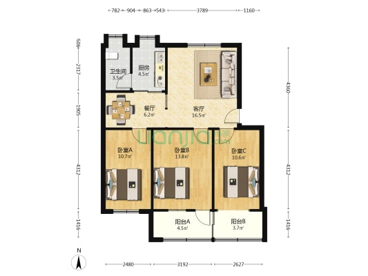 溁湾桥 3室2厅1卫 84平方
