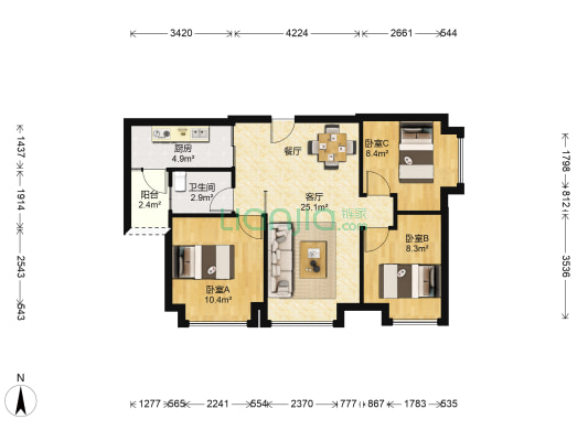 尚上名筑一区 3室1厅1卫 91平方