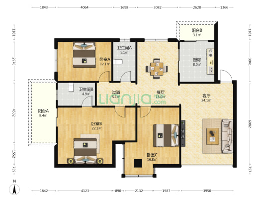 好家园 3室2厅2卫 147平方