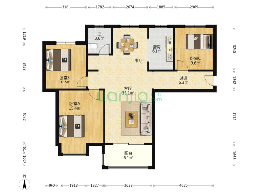 方岗翡翠苑 3室1厅1卫 124平方