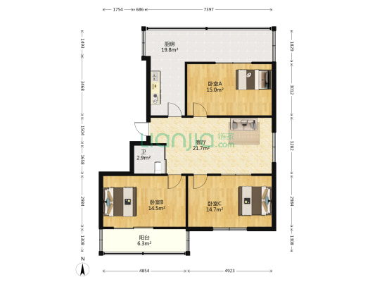 利工街 3室1厅1卫 115平方