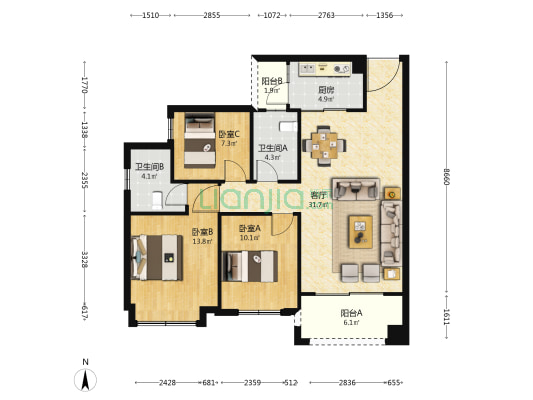 御峰蓝湾 3室1厅2卫 105平方