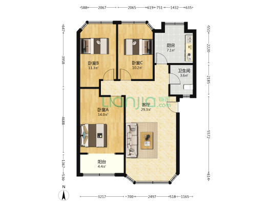 华侨村 3室1厅1卫 93平方