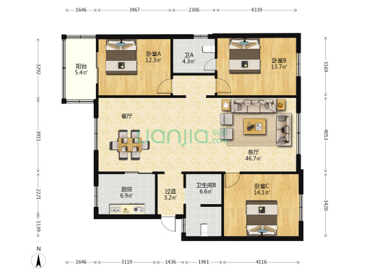 西昌花园 3室1厅2卫 103平方
