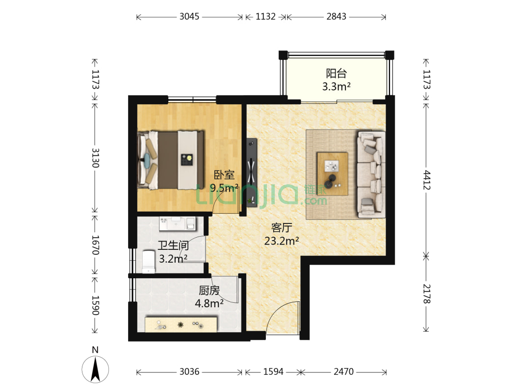 冬季星空 正规一居室 明厨明卫 全明格局