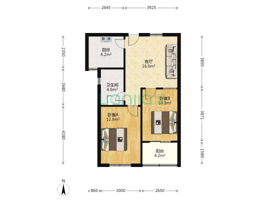 新富东方公寓 2室1厅1卫 74平方