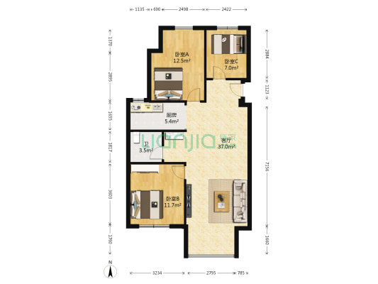万达·江畔华城C区 3室1厅1卫 103平方
