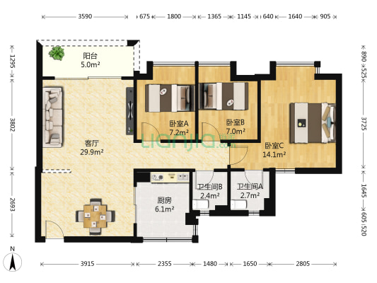 众恒新城 3室1厅2卫 89平方