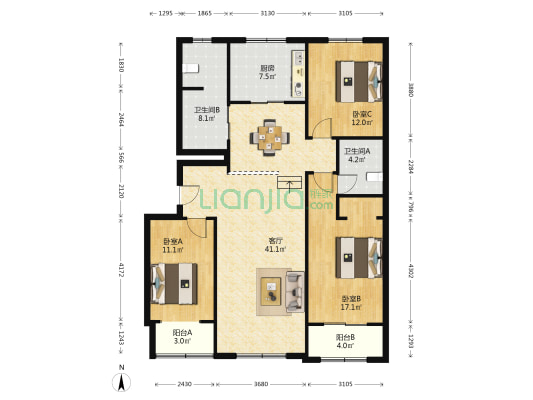 鑫源苑小区 3室1厅2卫 136平方